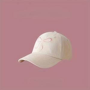 Linda Gorra de Béisbol Beige con Lazo Rosa Claro Bordado, Unisex, Casual, para Primavera/Verano - Product Image 1