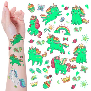 Custom 5 sheets glow in the dark luminous unicorn theme tattoo girls temporary unicorn luminous tattoo stickers for kids