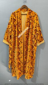 Floral Printed Long Kimono Robe With Collar Three Quarter Sleeve Yellow Polyester Wrap Style Spring Wear - Product Image 3