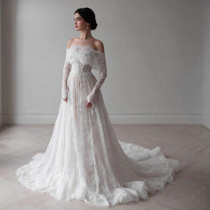 LY-WD0102 Abito da Sposa Elegante Bianco Linea ad A Gonna in Pizzo Corsetto Maniche Lunghe Stile Moderno Taglie Forti Design Posteriore in Pizzo - Product Image 1