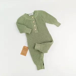 Long Sleeve Fall Winter Cotton Jumper Kids Buttons Jumpsuit New Born Baby Boy Girl Chunky Knit Sweater Romper Clothes