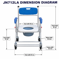 Chaise de toilette roulante, capacité de charge 90 kg, en alliage d'aluminium, dossier bleu, accoudoirs, pour personnes âgées, sécurité dans la salle de bain