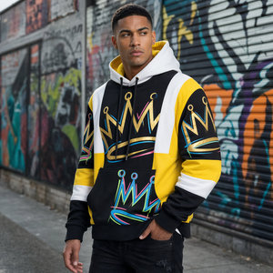 <span class=keywords><strong>Sudadera</strong></span> con Capucha para Hombre, Diseño de Corona con Estampado de Grafiti, Color Principal Negro, Bloques de Color Amarillo/Blanco, Estilo Urbano, <span class=keywords><strong>Sudadera</strong></span> de Algodón, OEM ODM - Product Image 1