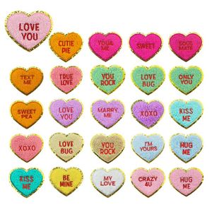 Stock 6.6cm <b>Iron</b> on Chenille Embroidered Gold Glitter Edge Heart With Words Valentine Patch for Hat Bag Decoration - Product Image 1