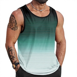 Camiseta sin mangas para hombre con rayas degradadas, cuello redondo, de secado rápido, tejida, informal, para entrenamiento muscular, con estampado por sublimación, de poliéster. - Product Image 1
