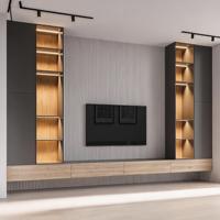 Mueble de TV LED Moderno Rústico de MDF Gris para Sala de Estar, Madera Natural de Teca, Nogal, Taupe, Estilo Nórdico