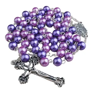 8mm Pink and Purple Glass Pearl Beads Catholic Rosary with Gift Box Factory Custom Religious Items Jewelry Necklaces