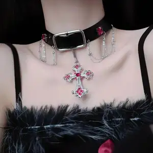 Spicy Girl Halloween Sweet Cool Punk Tassel Cross Necklace Y2K Heavy Industry Leather Collar Choker Collar Chain