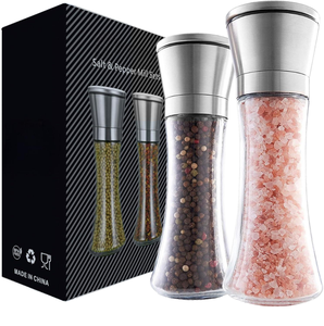 Salt And Pepper Grinder Set Of 2 - Glass Body, Adjustable Ceramic Grinder, Refillable, Manual (Salt & Pepper Not Included)