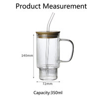 Mug en verre côtelé vertical de 350 ml avec poignée, couvercle en bambou et paille en verre – Tasse vintage transparente pour café glacé, jus, thé et autres boissons