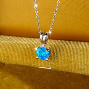 Colliers pendentifs en opale de feu bleu blanc, petite pierre ronde, pour femmes, couleur argent classique, collier de mariage, bijoux de fiançailles, cadeau - Product Image 4