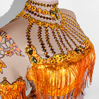 Combinaison de danse sexy à manches longues en spandex/coton, dos nu, en maille transparente, ornée de strass scintillants et de franges, pour costumes de scène et tenues de drag.
