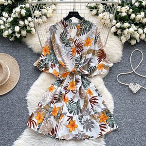 Robe d'été décontractée pour femme, style européen et américain, imprimée, col en V, silhouette crayon, manches 3/4 à volants, taille nouée, style <span class=keywords><strong>mature</strong></span> et affirmé - Product Image 3