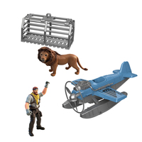 Ensemble de jeu de sauvetage en jungle avec figurine de lion réaliste, avion à réaction et figurine d'explorateur articulée
