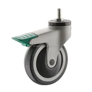 M12X25 swivel screw with brake castor 100mm mute TPR medical hospital caster with locking 4IN hospital emergency trolley caster