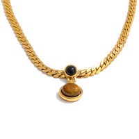 JINYOU 2015 Collar de Cadena Gruesa Trenzada de Acero Inoxidable Chapado en Oro con Colgante Redondo de Piedra Ojo de Tigre, Joyería