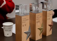 Trophée hybride bois et cristal de luxe avec gravure laser 3D pour récompenses d'honneur et célébrations de réalisations d'entreprise