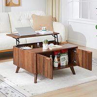Table basse relevable avec rangement dissimulé et armoire cannelée, table centrale moderne en bois pour appartement, pieds évasés