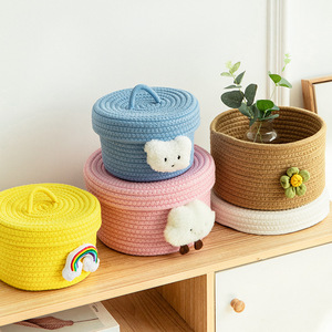 Woven Storage Box With Lid Round Handmade Cosmetic <b>Basket</b> For Desk And Home Use - Product Image 2