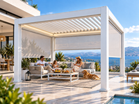 Pergola à lames orientables en aluminium blanc pour extérieur, avec écrans latéraux motorisés coupe-vent pour patio fermé