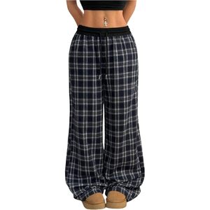 กางเกงขายาวลายสก็อตเอวสูงทรงหลวมสำหรับผู้หญิง ผ้าฝ้าย 100% ระบายอากาศได้ดี มีกระเป๋า - Product Image 5