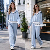 Ensemble de survêtement bleu décontracté printemps 2026 : Nouveau pantalon de jogging taille haute ample et pull deux pièces