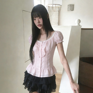 Blusa de Mujer con Cuello de Encaje y Volantes, Botones al Frente, Mangas Abullonadas, Estilo Casual y Dulce, Top de Moda - Product Image 3