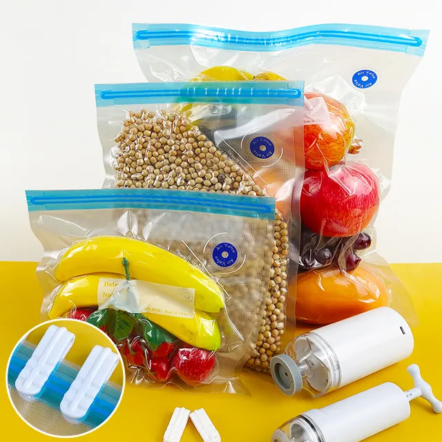 Geri dönüşüm en kaliteli şeffaf plastik fermuar gıda hava valfi ve pompa meyve vakumlama makinesi ile soğutma torbası Rolls çanta