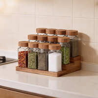 Ensemble d'étagères à épices en bois d'acacia avec 12 bocaux en verre, organisateur à 3 niveaux pour la cuisine, ensemble de bouteilles à épices écologiques