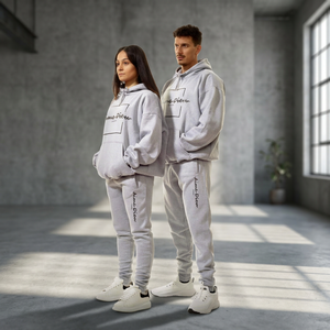 Survêtement à capuche gris en coton pour hommes et femmes, manches longues, taille élastique, couleur unie, respirant, coupe décontractée - Product Image 3