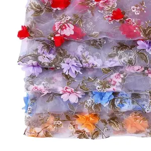 Delightful 3D Floral Nail Fabric 100% Polyester Organza Multicolored Embroidered Design Fresh Chic for Any Occasion