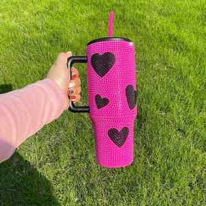 Mug de voyage isotherme en acier inoxydable à double paroi, imprimé cœur brillant, 40 oz, avec couvercle et pailles - Product Image 3