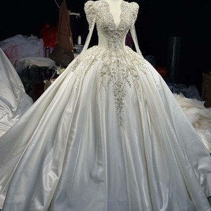 Hz014 Impresionante Vestido de Novia de Satén Duquesa con Escote Pronunciado, Adornado con Cristales y Mangas Transparentes, Jancember - Product Image 1