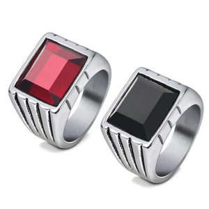 Fashion Square Gemstone <b>Ring</b> Red <b>Black</b> <b>Titanium</b> Steel Bezel Setting Geometric Style Gift Jewelry - Product Image 1