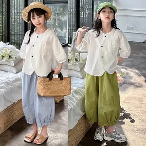 2024 New Fashion Girl's Summer 2 pcs Outfit Set White Short Sleeved Blouse +Cropped Pants Knickerbockers