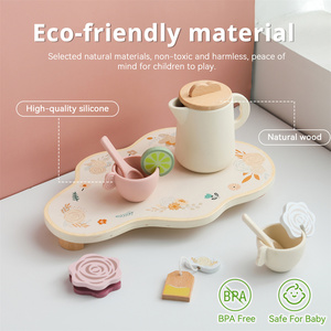 Jouets <span class=keywords><strong>de</strong></span> cuisine en bois personnalisés pour la maternelle, thème esthétique botanique <span class=keywords><strong>rose</strong></span>, jeu d'imitation, peinture à l'<span class=keywords><strong>eau</strong></span> non toxique, service à thé pour tout-petits - Product Image 1