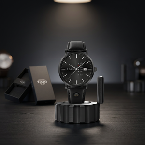 Montres de luxe en gros pour hommes, en alliage, avec bracelet en cuir, cadran en verre, aiguilles, calendrier à trois cercles, à la mode - Product Image 3