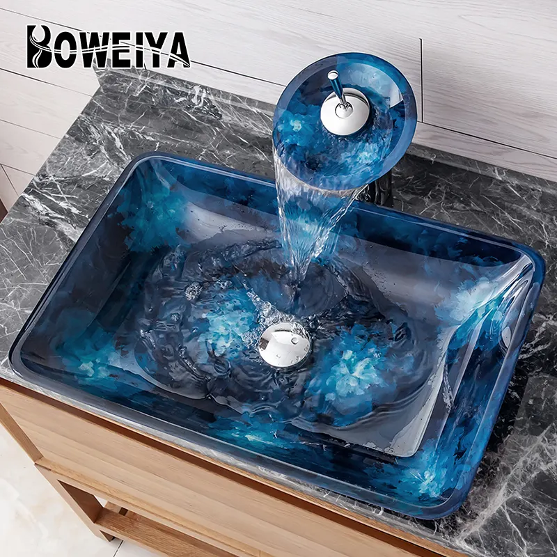 Boweiya Rectangle Shape Counter Vanity Vessel Cabinet Bathroom Sink Set Glass Bowl Industry Toilet Wash Basin Table Top
