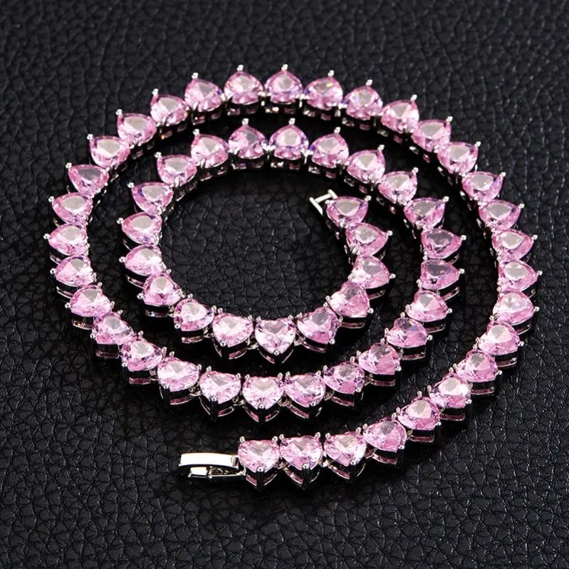Horizon 2023 New Hip-hop 5A+ Zircon Popular 8MM Tennis Chain Heart Bracelets Gold Pink Heart Necklace