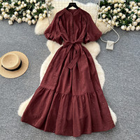 Robe longue décontractée élégante pour femme WIWT, coupe trapèze, manches courtes bouffantes, ceinture à la taille, paillettes, pour tous les jours, les fêtes et les vacances