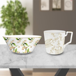 Elegant Gold Floral Ceramic Dinnerware <b>Set</b> Round Glam Style Handpainted Dishwasher Safe for Wedding Occasion - Product Image 4