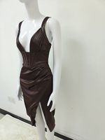 Fantaisie Corset Vintage En Soie Satin Robe Chocolat Sans Manches Extensible Drapé V Cou Haute Split Froncé Vêtements Robe De Soirée