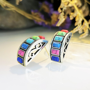 Orecchini a cerchio bohémien con intarsi in turchese colorato, gioielli vintage con pietre per occasioni quotidiane - Product Image 5