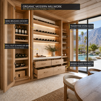 Meuble à vin en bois de hickory bio moderne sur mesure avec rangement intégré pour salle à manger de villa moderneiste du désert