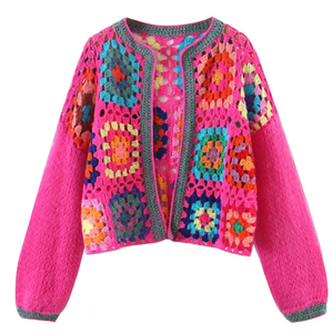 Offre Spéciale printemps et automne doux fait à la main au <span class=keywords><strong>crochet</strong></span> Rose rouge grand-mère carré évider ouvert devant sans bouton femmes <span class=keywords><strong>pull</strong></span> - Product Image 3