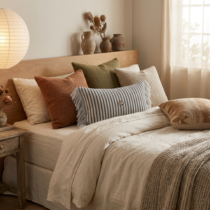 Coussin décoratif moderne tissé à rayures avec franges et <span class=keywords><strong>bouton</strong></span> décoratif, coussin lombaire Wabi-sabi pour canapé-<span class=keywords><strong>lit</strong></span> - Product Image 1
