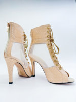 Bottines de danse à talon aiguille personnalisées en peau de serpent à bout ouvert et lacets pour femmes, chaussures de danse salsa, bachata, jazz
