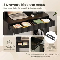 Modern zwart gebogen hoge bureau met bovenkast, 2 laden, LED-verlichting en open planken voor kleine ruimtes