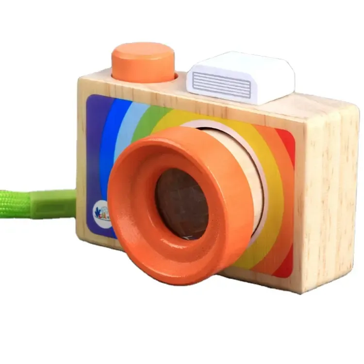 Cartone animato in legno colorato fotocamera SLR giocattolo caleidoscopio occhio d'api bambini giocattoli divertenti bambini carino fotocamera portatile