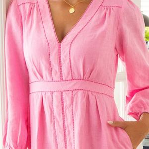 Robe d'été mi-longue décontractée en coton et lin, col en V, manches courtes, coupe trapèze, élégante et tendance pour femme (OEM) - Product Image 2